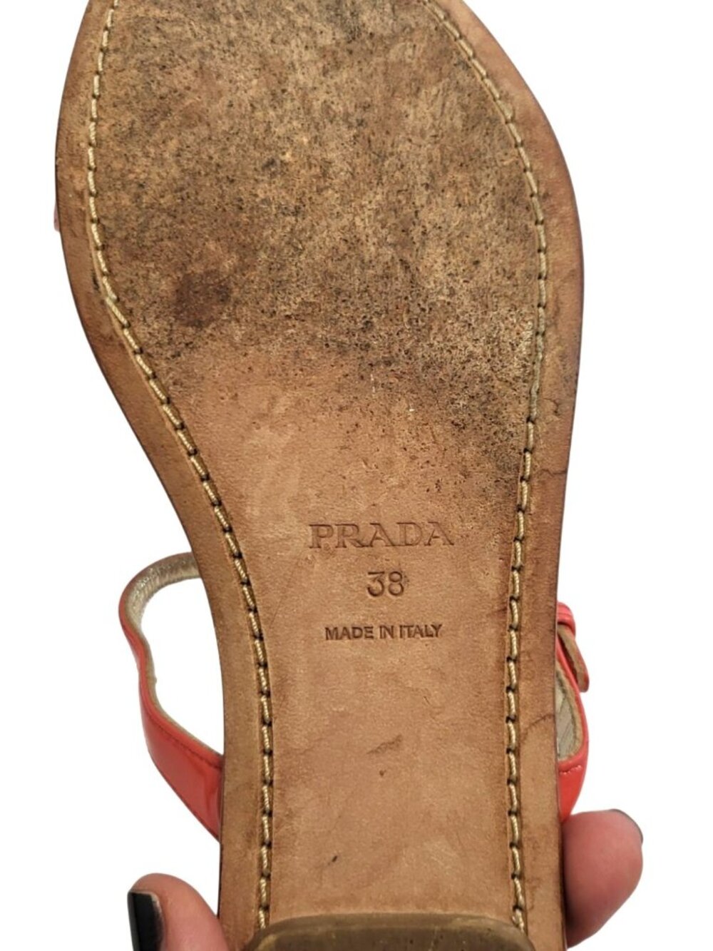 Prada T-Strap Sandal Coral Pink Patent Leather Flats COA - Picture 14 of 16